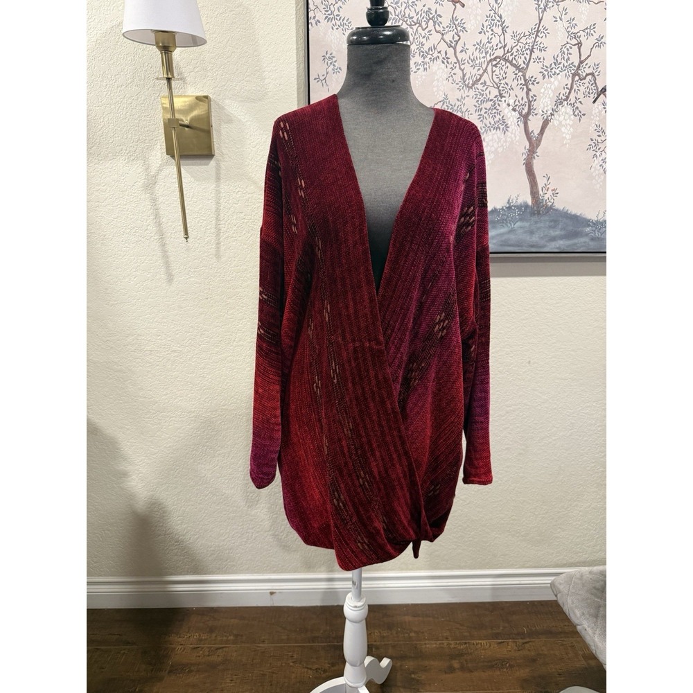 Cynthia Krause Weavers Red Chenille Knit Open Front Cardigan One Size